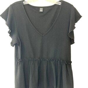 Shein Womens Black Waffle Knit Ruffle Sleeve V-Neck Peplum Top Size L